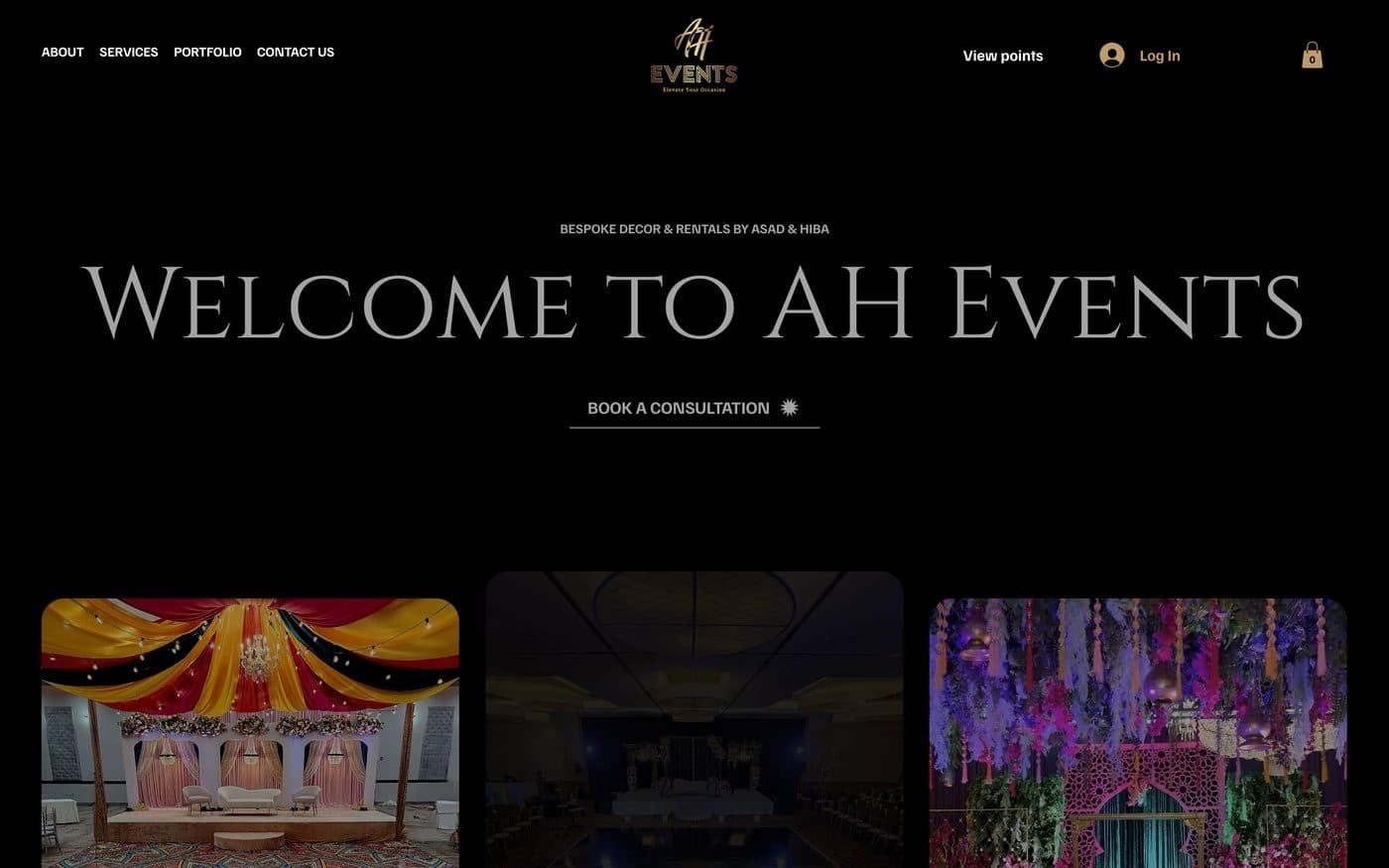 The AH Events homepage after the rebuild — a dark, cinematic layout leading with the work.