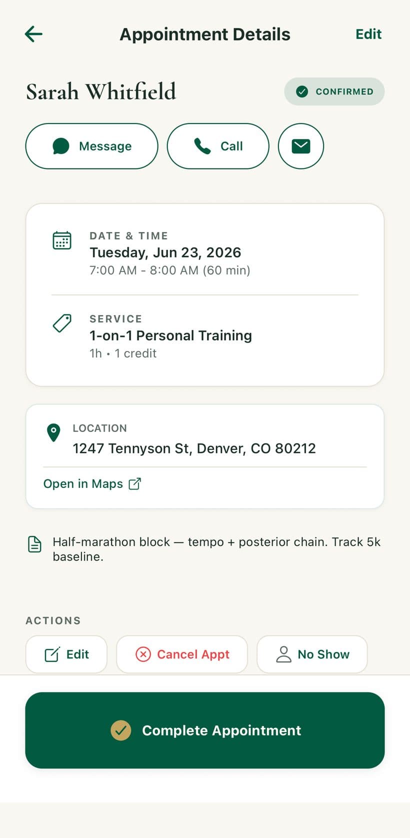 An appointment detail in BenG with date, service, location and a complete-appointment action.