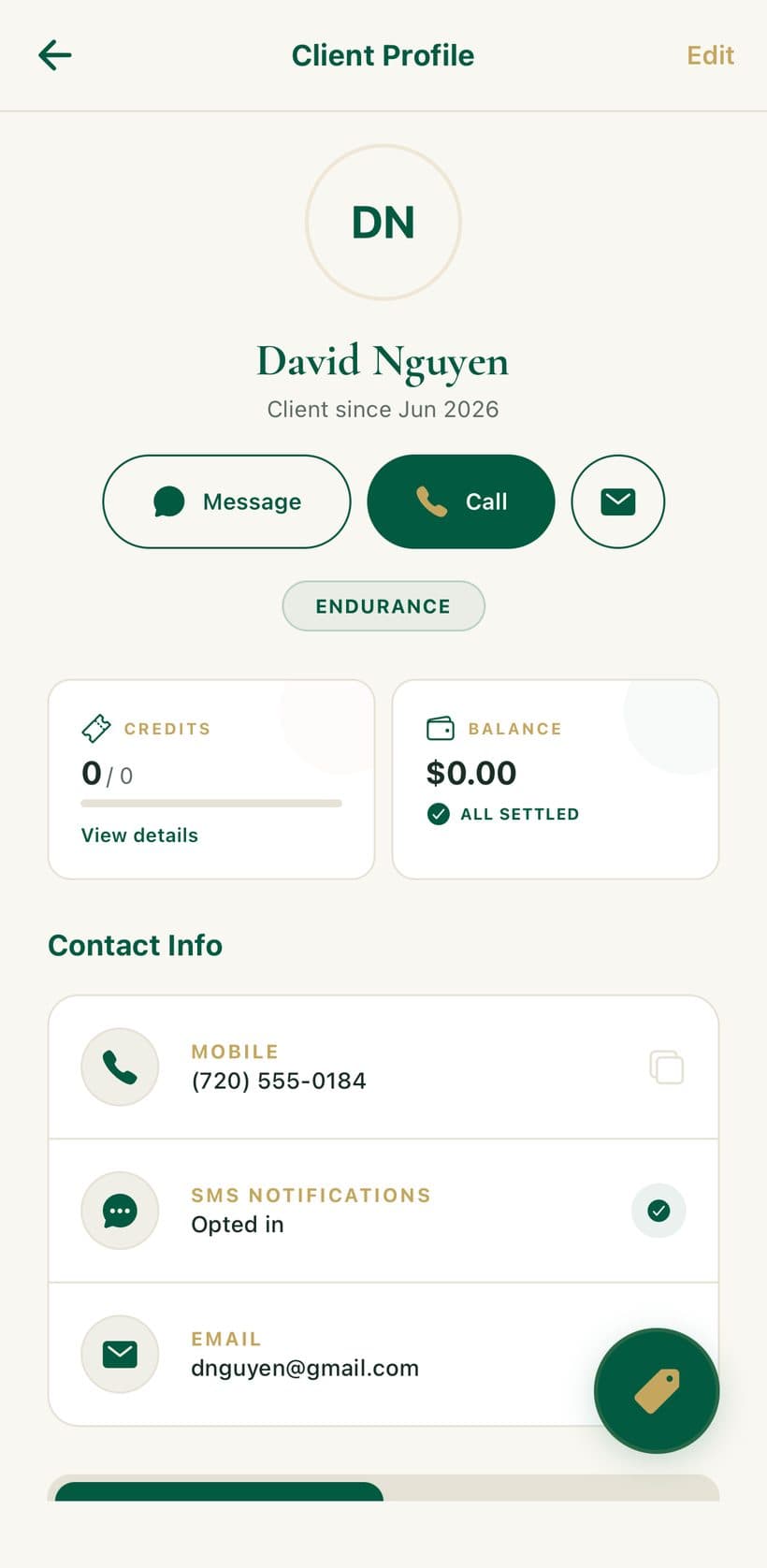 A client profile in BenG showing contact info, credits, balance and message actions.