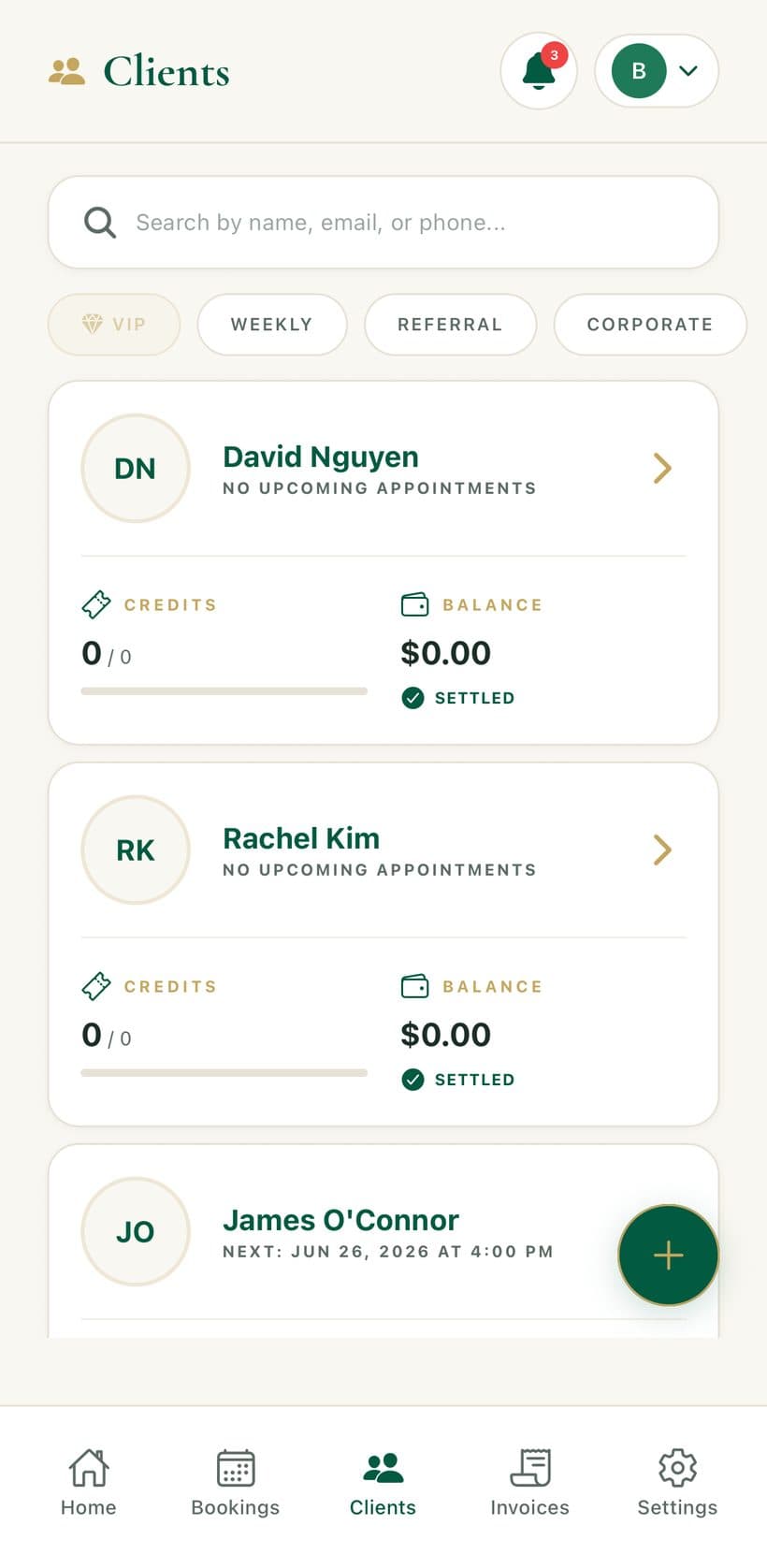 The BenG client list with search, segments, and per-client credits and balances.