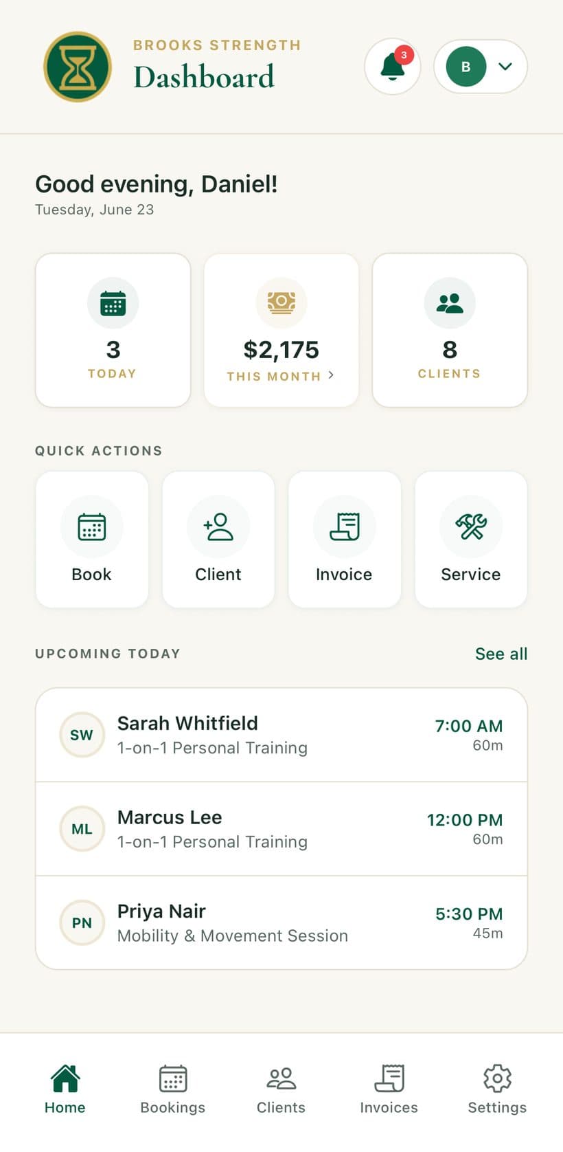 The BenG dashboard — a greeting, today's stats, quick actions and an upcoming-sessions list.