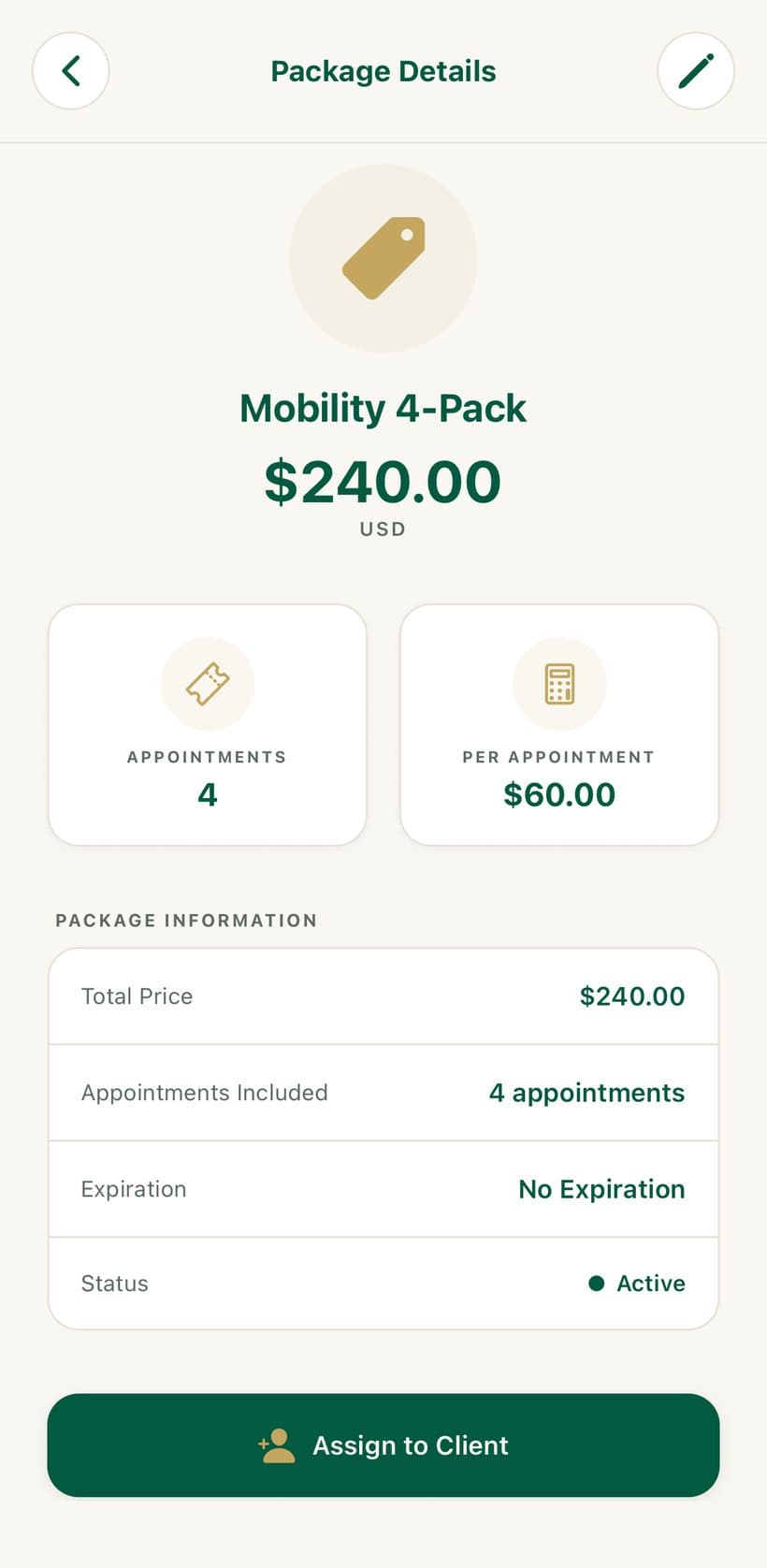A session package in BenG with total price, per-appointment cost and assign-to-client action.