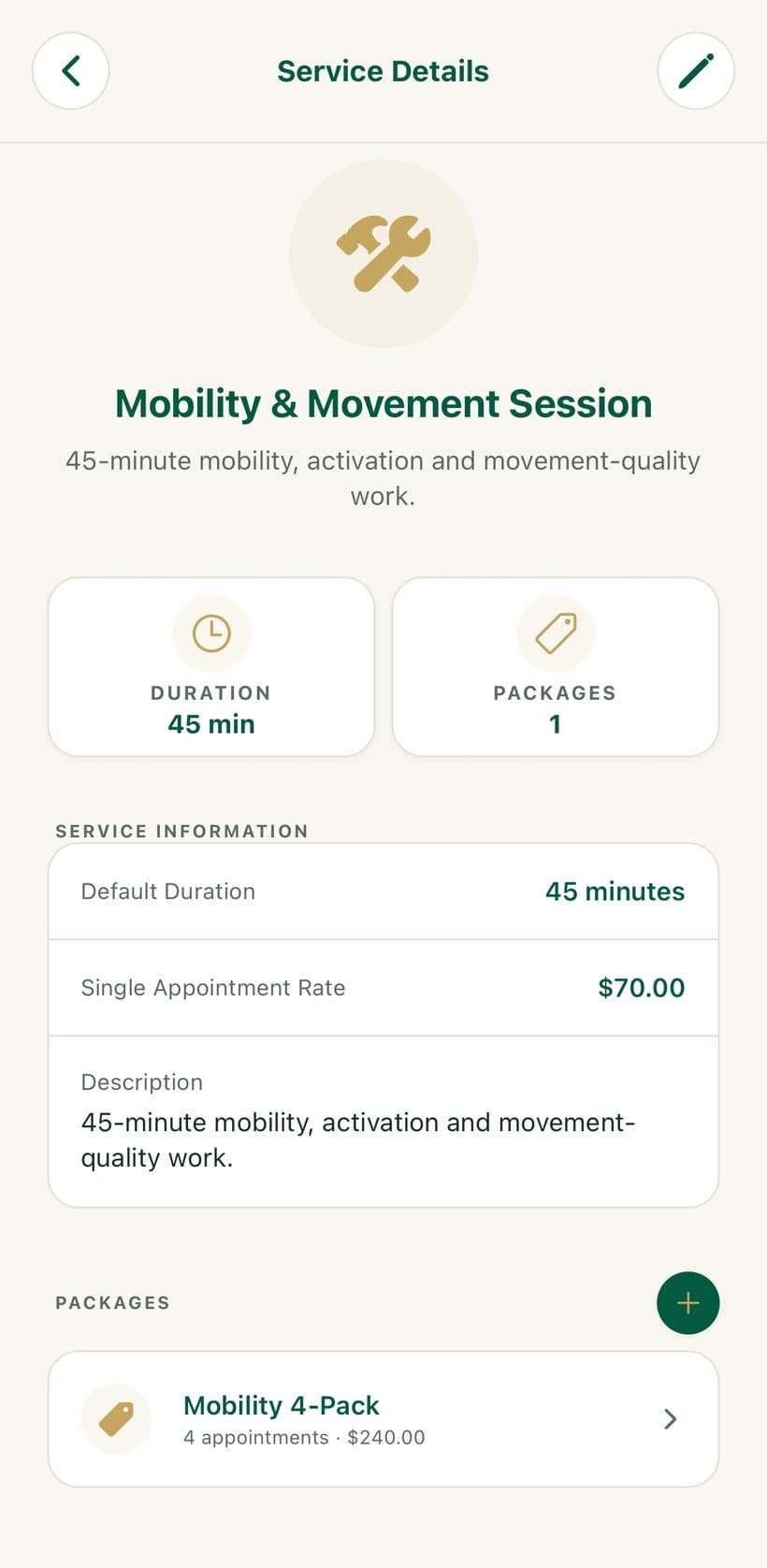 A service detail in BenG showing duration, rate, description and an attached package.