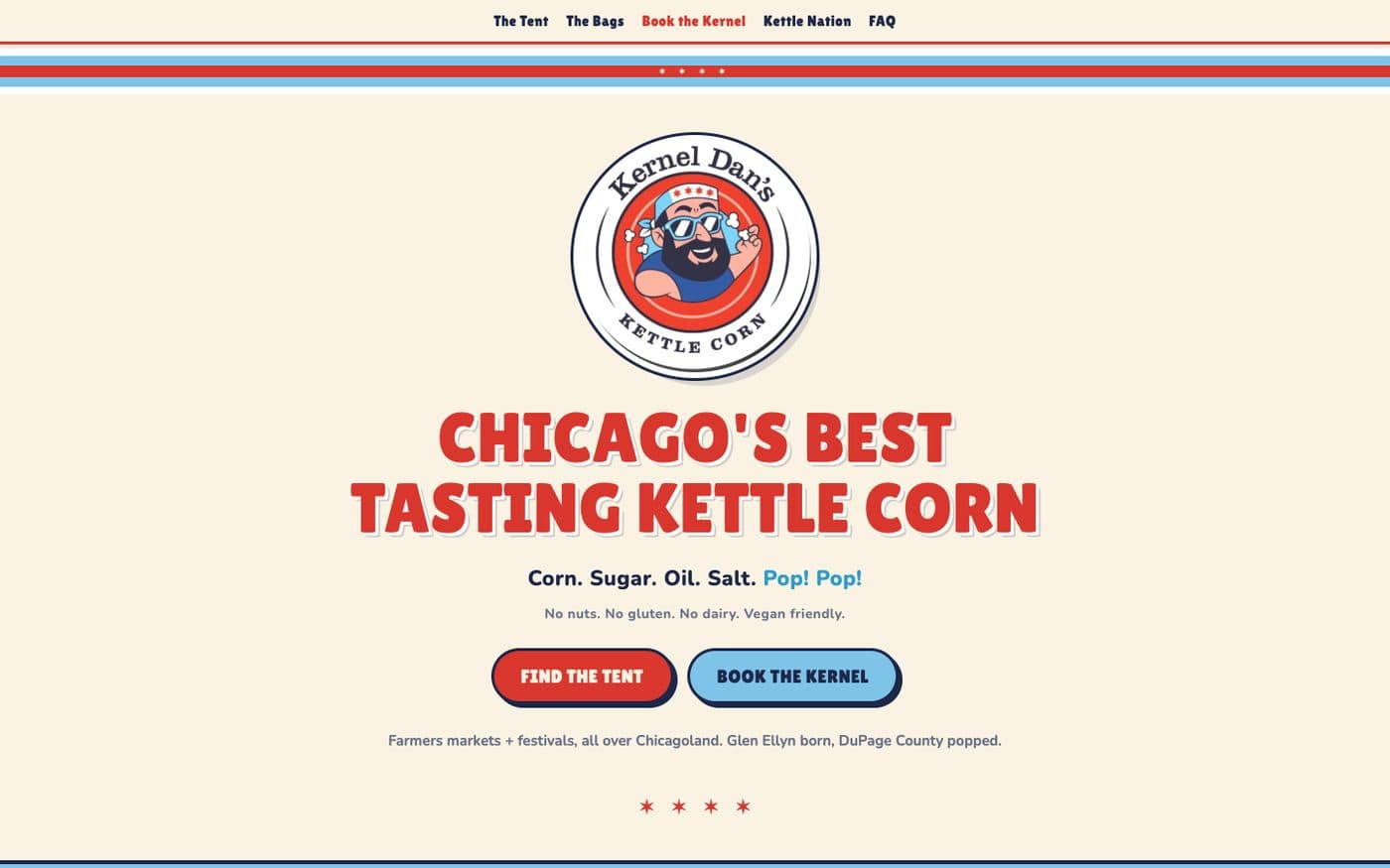 The new Kernel Dan's homepage — the mascot logo, a bold headline, and clear buttons to find the tent or book catering.